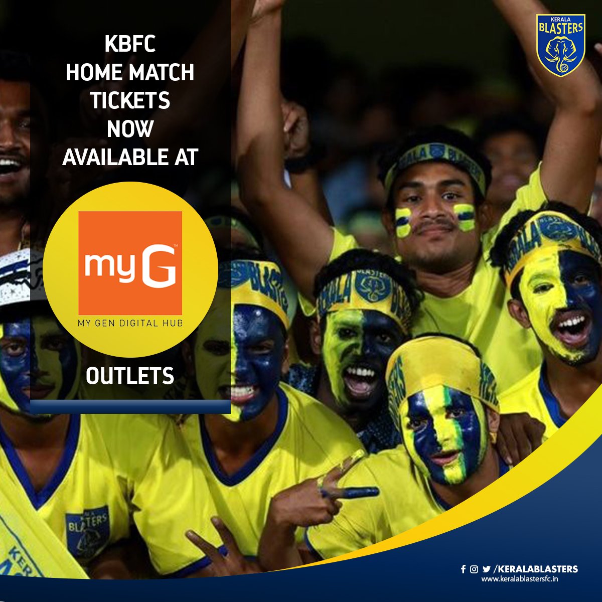 KeralaBlasters's tweet photo. The stadium is too far for you to get your tickets? Worry not, now you can buy your matchday tickets from MyG outlets too!
#KeralaBlasters #MatchdayTickets #PaintItYellow https://t.co/Au8J9Zr6mW