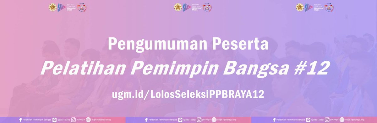 ppbraya's tweet photo. [PENGUMUMAN PESERTA LOLOS SELEKSI 100 BESAR PPB #12]

Halo Pemimpin Bangsa!
Peserta Pelatihan Pemimpin Bangsa #12 yang lolos seleksi 100 besar telah resmi diumumkan. Alamat link pengumuman dapat dilihat di https://t.co/KsYXlmmb0v https://t.co/ohy6ZaAzRx