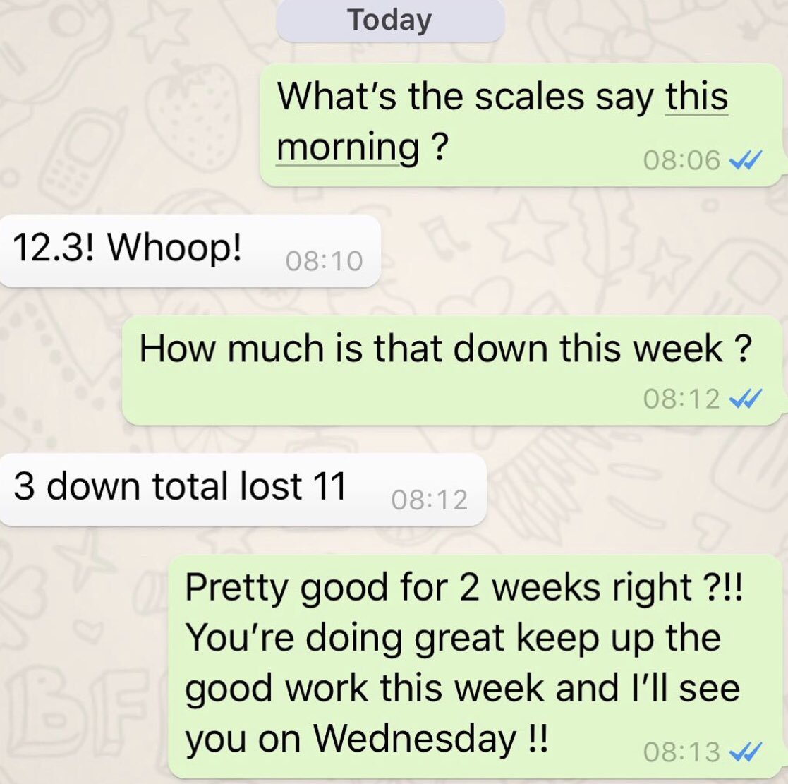 2 weeks into my 12 week programme... 10 weeks to go ... She follows what I tell her , she puts in the work and she’s getting the results .... Simple !!