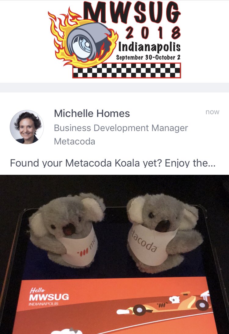 HomesAtMetacoda's tweet photo. At #MWSUG2018? Be sure to get the app and join in the #conference #social fun @SASsoftware users.
https://t.co/VN7fV7fqN9 @MWSUG_SM #SASusers #SASpartners #metacoda #metacodakoala https://t.co/aSb0in9Tx7