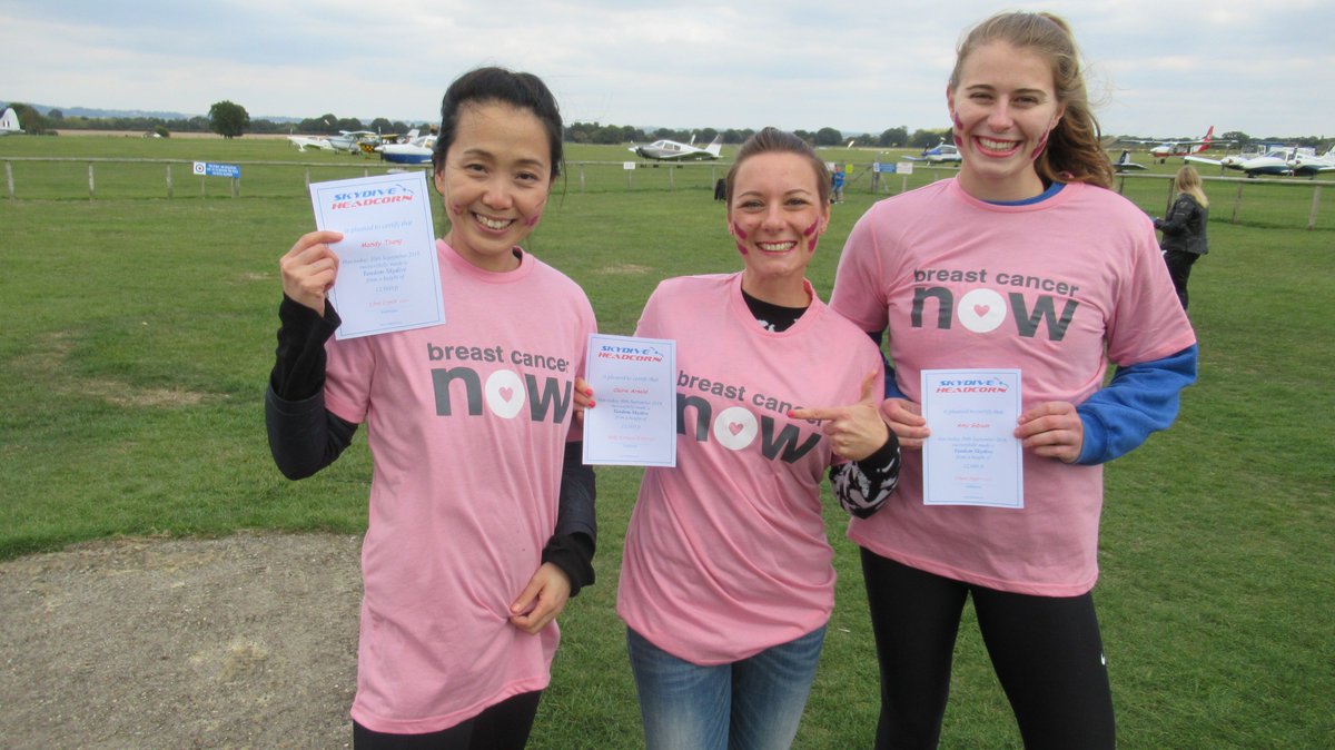 BCCare's tweet photo. One giant leap for breast cancer research! Congratulations and thank you to Mandy, Claire and Amy, scientists at our Research Centre @ICR_London, who marked the start of #BreastCancerAwarenessMonth by skydiving from 12,000 feet yesterday! 👏🔬👩‍🔬 https://t.co/L6U0xWjiVl
