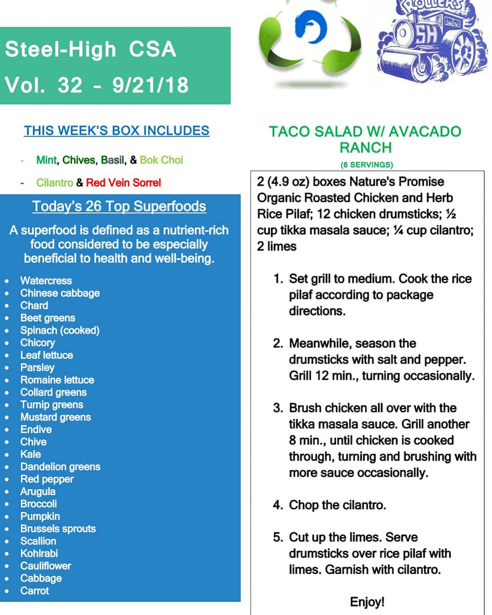 schooltotable's tweet photo. Our past two brochures.  9/21's recipe is Grilled Tikka Masala Drumsticks.  9/28 has the taco salad recipe.  Hope everyone enjoyed! @shsdrollers #rollernation https://t.co/uMxY7bawB6