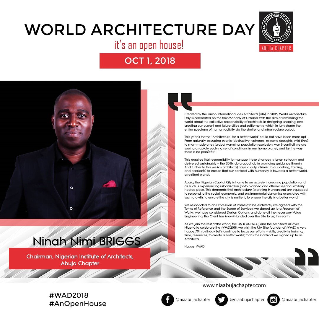 NIAABUJAChapter's tweet photo. A message from the Chairman's desk. Happy World Architecture Day everyone!
#WAD2018 #NIAABC #ForArchitecture #ForThePublic #Assessment #Architect #Architecture #PeerReview #BarbecueNight #OpenHouse #NigerianArchitect #UIA_Architects #WorldArchitectureDay2018 #ABetterWorld https://t.co/hSe4fInc9k