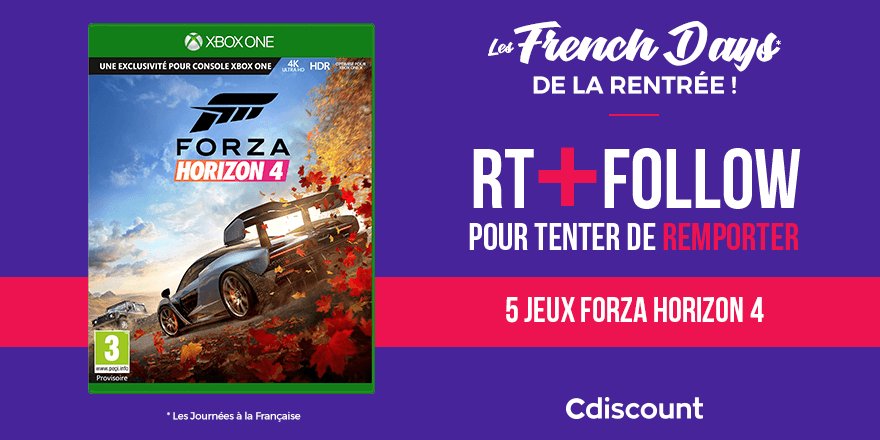Cdiscount's tweet photo. 🎁 #Concours 

👌 À gagner pour les #FrenchDays : 5 jeux #ForzaHorizon4

👉 https://t.co/wjaGczw0Qz

🔸 Pour tenter votre chance : 
RT + Follow @Cdiscount

☑️ TAS 05/10

#CdiscountFrenchDays https://t.co/kfWqihU5Yv