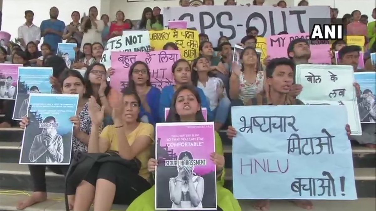 ANI's tweet photo. Chhattisgarh: Students of Hidayatullah National Law University (HNLU), Naya Raipur sit on hunger-strike demanding resignation of the University vice-chancellor over non-addressal of sexual harassment complaints and financial irregularities in the University among others. https://t.co/mXYjqMkIKK