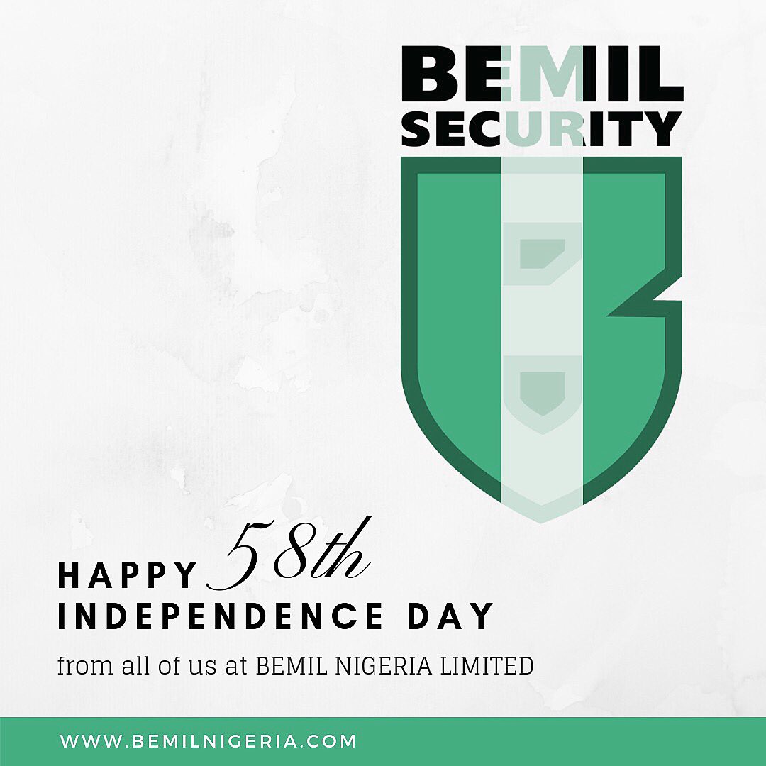 BemilSecurity's tweet photo. Celebrating Nigeria @ 58... Happy Independence Day from all of us at BEMIL NIGERIA LIMITED. #nigeriaat58🇳�� #independencedaynigeria2018 #happyindependencedaynigeria #bemilnigeria #yourpartnertosaferliving https://t.co/gu9oLnvto8