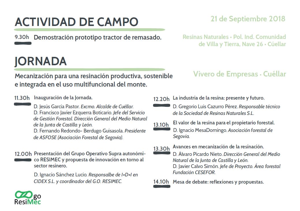InnovaCidex's tweet photo. El pasado 21 de septiembre, tuvimos el placer de asistir y participar desde CIDEX en la Jornada de Divulgación organizada a través del G.O RESIMEC en Cuellar (Segovia). 
La jornada se centró en la mecanización de las labores de resinación y su repercusión en el sector resinero. https://t.co/CLbEej7JUc
