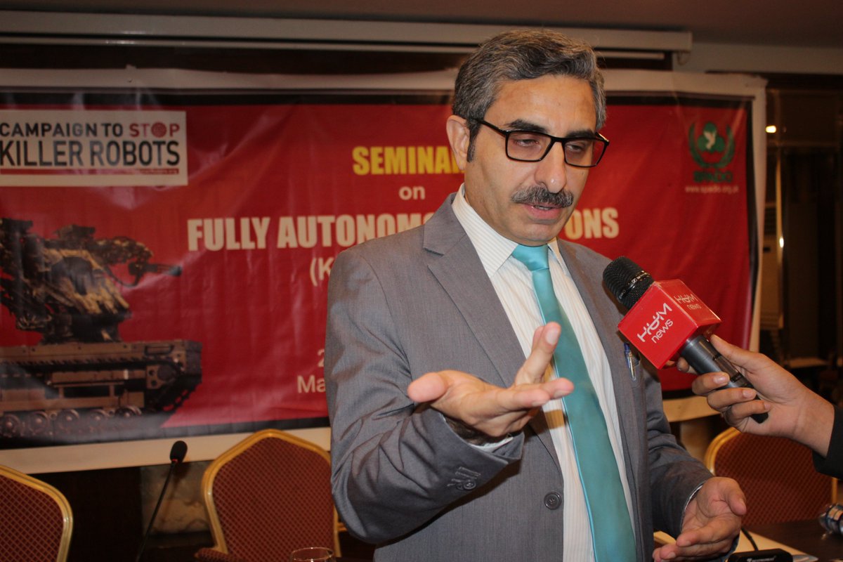 SPADOPakistan's tweet photo. Mr. Raza Shah Khan, Chief Executive #SPADO talking to media persons after the Seminar on "Fully Autonomous Weapon Systems (Killer Robots)" on 28th Sep 2018, @MarriottIsb #Islamabad
#StopKillerRobots #BanKillerRobots #CampaignToStopKillerRobots #CCWUN #SPADO @BanKillerRobots https://t.co/4A291srHqf