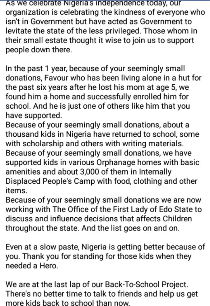 HallmarksNG's tweet photo. Even at a slow paste, Nigeria is getting better because of you. And we thank you for standing up for those kids when they needed a Hero.For kids Education, Help us do more @UNICEF_Nigeria @ProfOsinbajo @NTANewsNow @Slum2School @TrevMoMatic #NigeriaAt58 #SupportBackToSchoolProject https://t.co/2OzljFPiBg