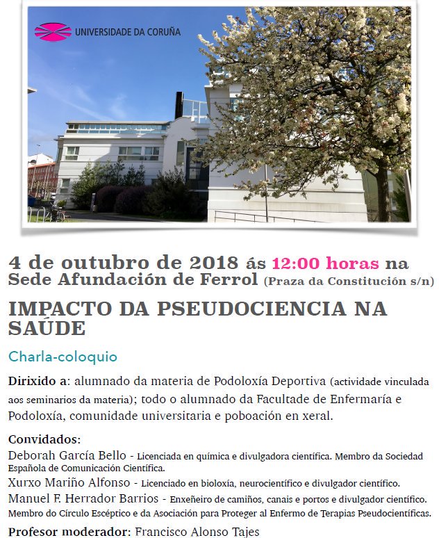 O Xrhsths Deborah Garcia Bello Sto Twitter El Proximo Jueves 4 De Octubre En Ferrol A Las 12 00 En La Sede Afundacion Charla Coloquio Impacto De La Pseudociencia En La Salud Participamos Xurxomar
