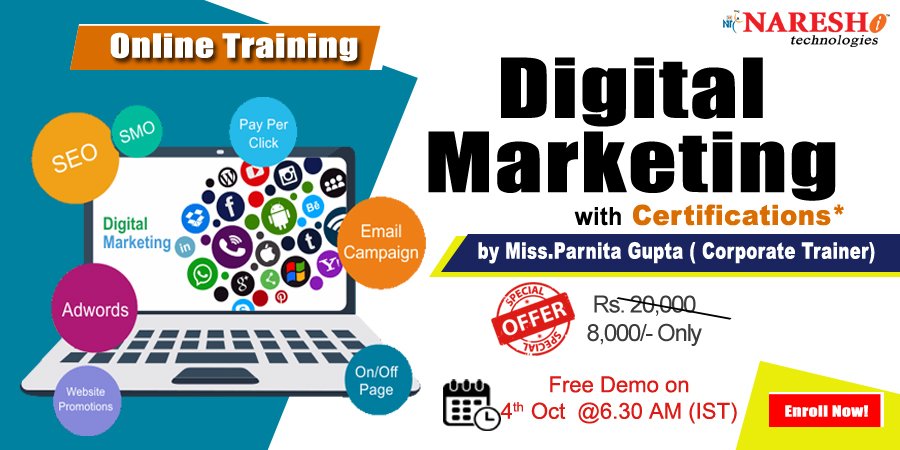 nareshitechno's tweet photo. Digital Marketing Online Training on 4th Oct @ 6:30 AM (IST) By Miss. Parnita Gupta (Corporate Trainer)
Demo link: https://t.co/iP6t25Lypo
Email: online@nareshit.com | Contact: +91-8179191999
#DigitalMarketing #InternetMarketing #Online #Training https://t.co/up5XfOZH9h
