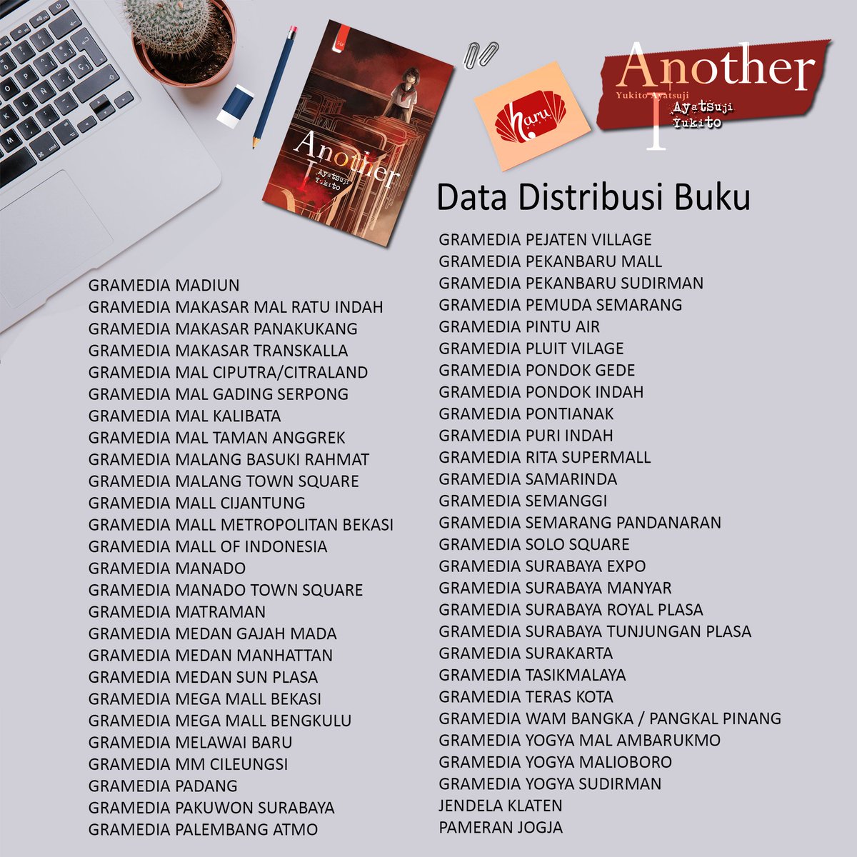 penerbitharu's tweet photo. Siapa nih yang sudah punya buku #Another?
.
Bukunya sudah tersebar di toko buku kesayangan kamu, langsung cek yuk kak!
.
#Another 1 &amp; 2
#PenerbitHaru
#HaruBook 
#DataSebaranBuku
#TokoBuku
#MyStoryHaru https://t.co/3xM7hTrRs3