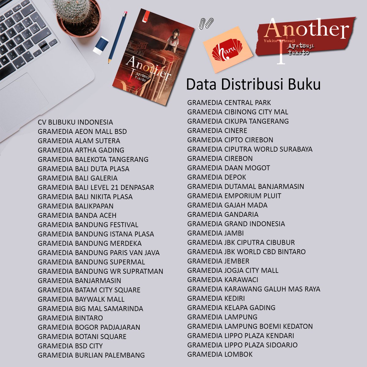 penerbitharu's tweet photo. Siapa nih yang sudah punya buku #Another?
.
Bukunya sudah tersebar di toko buku kesayangan kamu, langsung cek yuk kak!
.
#Another 1 &amp; 2
#PenerbitHaru
#HaruBook 
#DataSebaranBuku
#TokoBuku
#MyStoryHaru https://t.co/3xM7hTrRs3