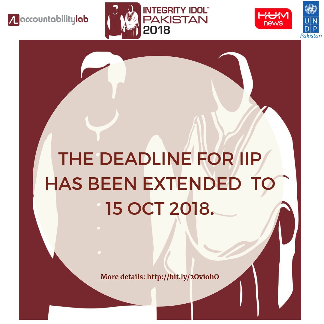 IntegrityIconPK's tweet photo. The deadline for #IntegrityIdolPakistan nominations has been extended to 15 October 2018!
Do you know any young public servant who is passionately contributing towards a better society?
Nominate him/her now at: https://t.co/w6ybLOQurw
@UNDP_Pakistan @AccountLab @IntegrityIdol https://t.co/jq6a3BYRsc