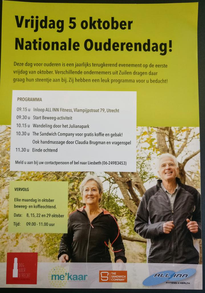Aanstaande vrijdag 5 oktober, extra aandacht voor alle  'ouderen' in #Ondiep, #Pijlsweerd en #Zuilen. Van 09:00-11:30 uur. 
De ochtend wordt georganiseerd door #TheSandwichCompany, <a href="/oogvoorutrecht/">Oogvoorutrecht</a>, #AllInnFitness en @Mekaar_Utrecht. 
Opgeven bij <a href="/LMeijns/">Liesbeth Meijns</a> 06-24983453.