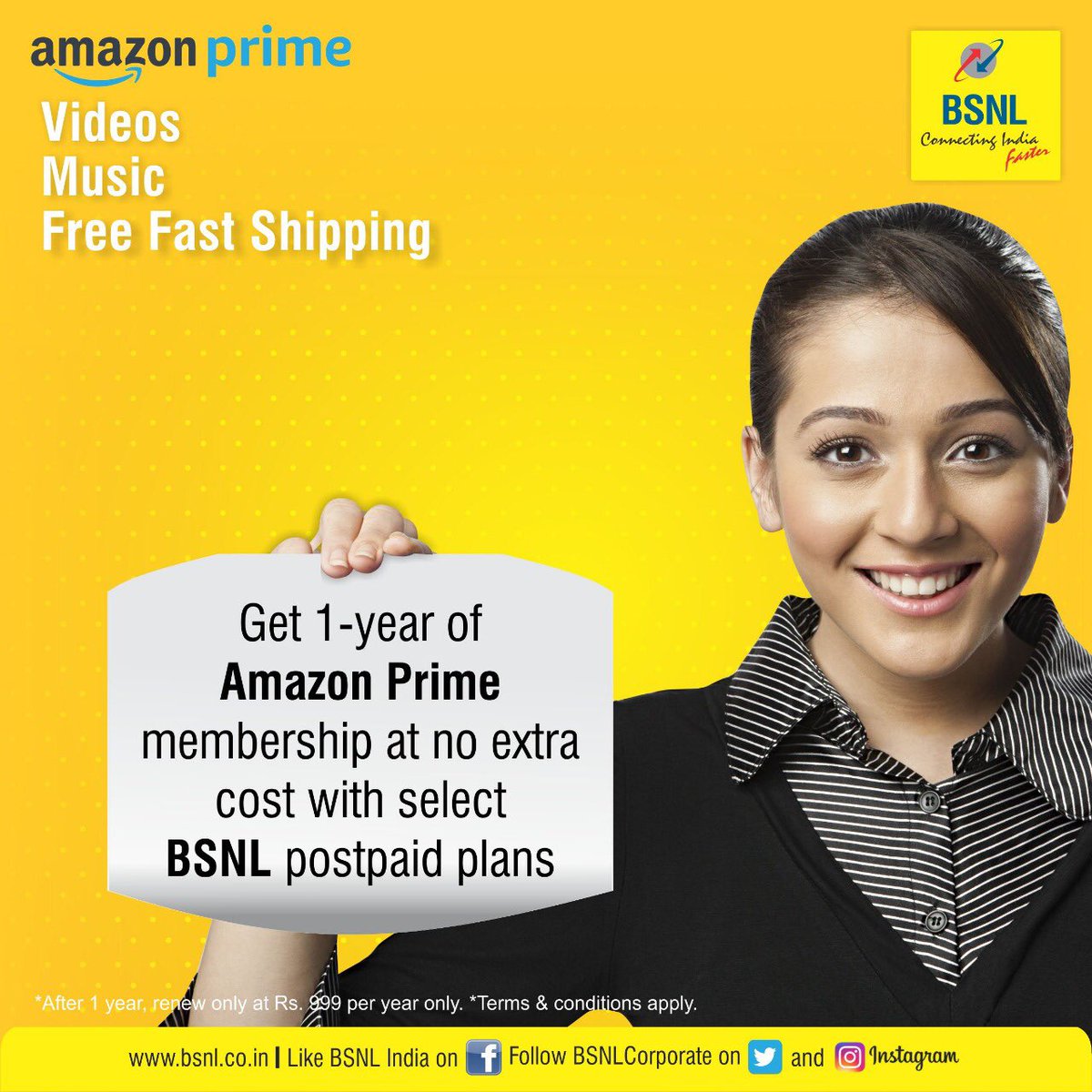 Bsnl India Enjoy Unlimited Video Streaming Ad Free Music And Free Fast Delivery With A 1 Year Amazon Prime Membership Now Included With Select Bsnl Postpaid Broadband Landline Plans To Know