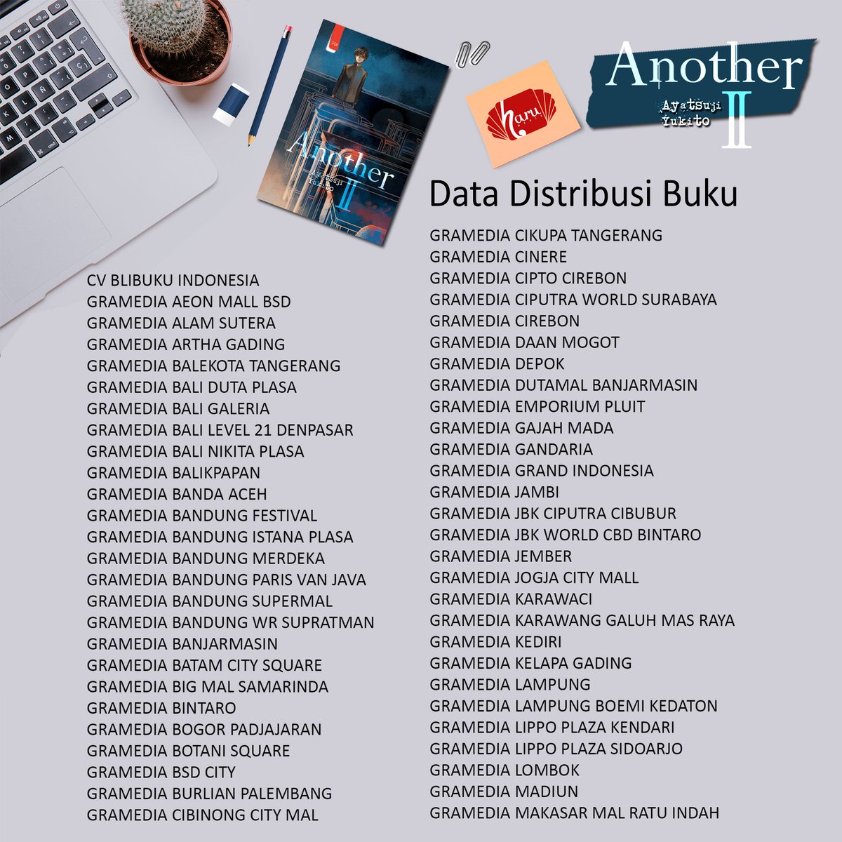 penerbitharu's tweet photo. Sudah pada tahu kan #Another udah terbit? Langusng cek yuk di toko buku kesayangan kamu
.
.
#Another 1& 2
#PenerbitHaru
#HaruBook
#MyStoryHaru
#DataSebaran
#TokoBuku https://t.co/iKksYA6Qpk