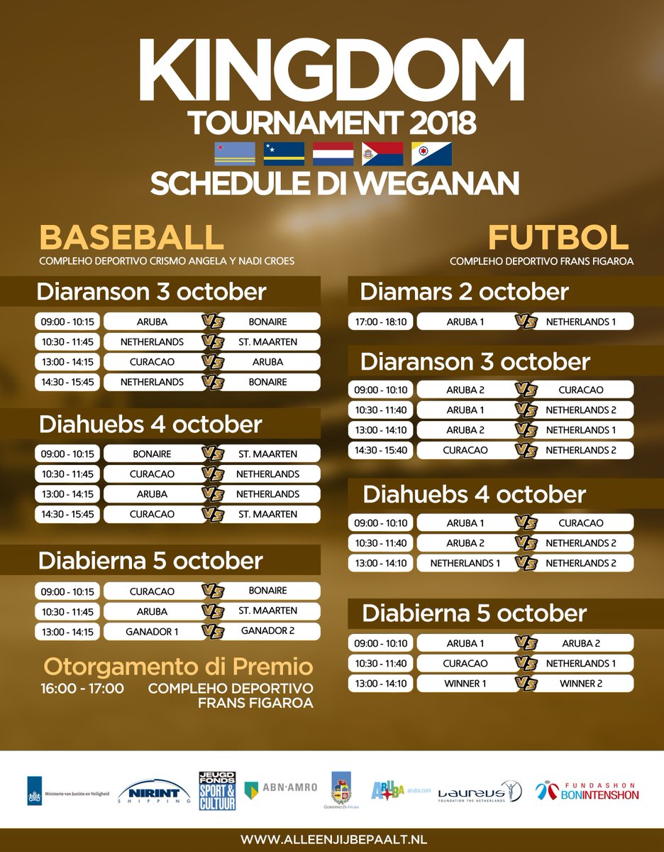 Deze week staat in het teken van het Koninkrijkstoernooi 2018 🙌! Aruba is dit jaar het gastland. Bekijk hier 👇 alvast het programma en houd deze pagina in de gaten voor live video's 🎥 van de wedstrijden! #koninkrijkstoernooi #kingdomtournament2018