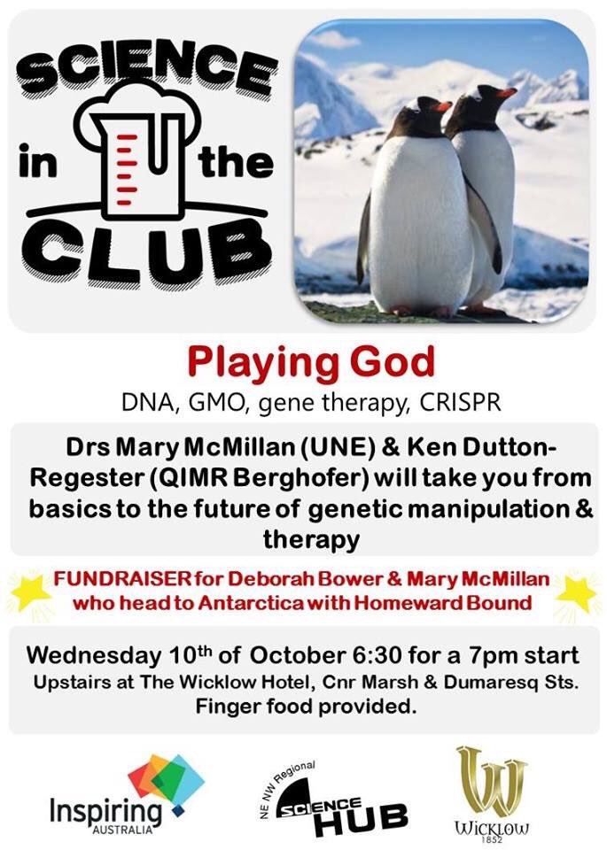 accidental_sci's tweet photo. Hey #Armidale people, join @deborah_bower and I, and special guest @the_funkydr at science in the club, October 10. We're talking #DNA, gene editing, #GMOs.
AND raising funds to help us on our way to #Antarctica as part of @HomewardBound16! We've got food, trivia and prizes! 🤗 https://t.co/dKAPmemkYi
