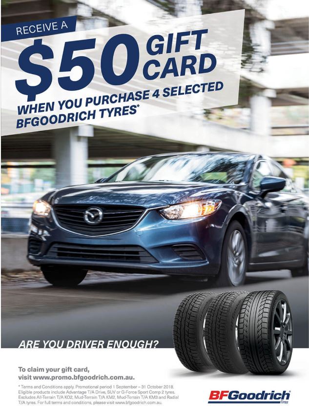 TyresPerth's tweet photo. Our October Specials are on now receive $50 Gift Card when you purchase 4 selected BFGoodrich Tyres from #tyrepowerosbornepark #tyrepowerbelmont and #tyrepowerclaremont. Terms and Conditions apply. #BFGoodrich #tyres #zippay #loyaltyapp https://t.co/0cxAWd83PE