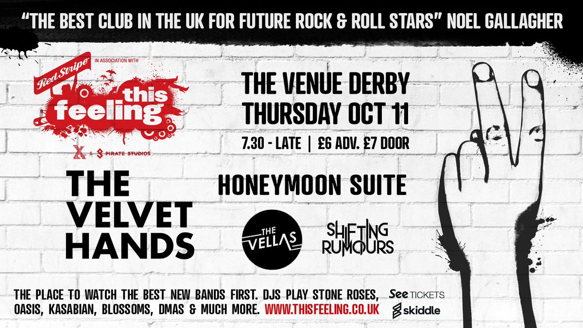 TheVenueDerby's tweet photo. indie club-night @This_Feeling comes to @TheVenueDerby next Thursday (11th Oct)

@thehmsuite @TheVellas &amp; @shiftingrumours join @thevelvethands1 

Tix: @seetickets + @skiddle https://t.co/H8wUQqeOMg