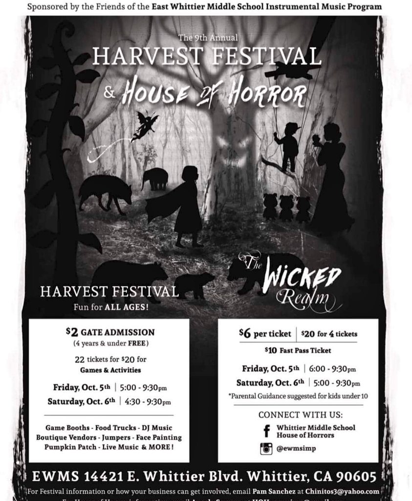 This Friday &amp; Saturday you can grab a Yummy treat and have a blast at the East Whittier Middle School Harvest Festival. Don't miss the House of Horror and pumpkin patch! 👻🧟‍♀️🎃