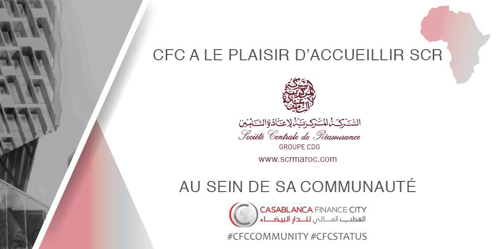 CasaFinanceCity's tweet photo. CFC a le plaisir d’accueillir la Société Centrale de Réassurance au sein de sa communauté. @SCRReassurance, leader marocain des réassureurs, classé 3ème en Afrique, est présent dans 50 pays avec plus de 300 clients au Maroc, en Afrique et au Moyen Orient. #CFCStatus #CFCcommunity https://t.co/X9uWrmu0Cj
