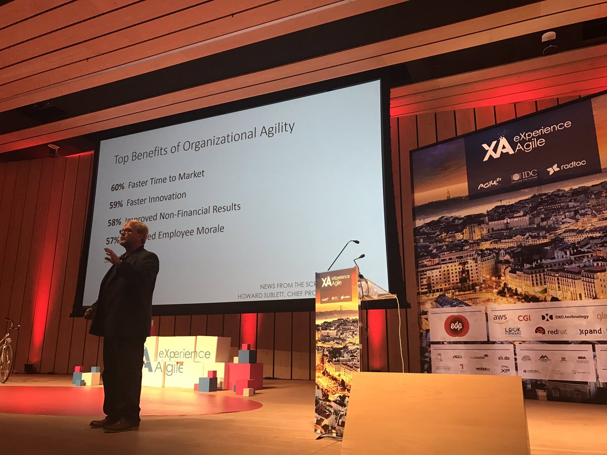 MariaMatarelli's tweet image. As the #eXperienceAgile Global event kicks off @howardsublett #ChiefProductOwner of @ScrumAlliance talks about the benefits of #Organizational #Agility #RealResults #SpeedToMarket #Innovation #Employee #Morale #XA2018 #Lisbon #Portugal