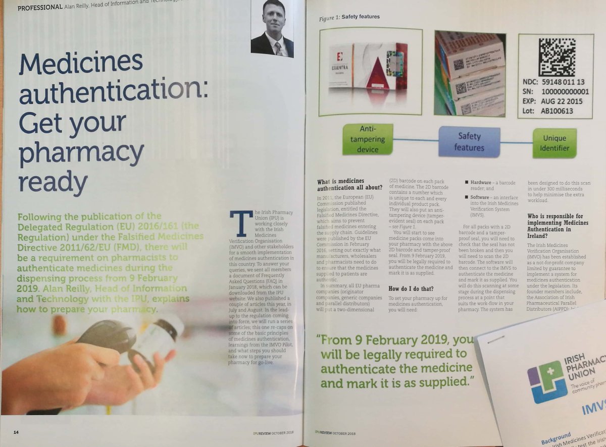 Alan_IPU's tweet photo. In this month's @IrishPharmacy Review: Act now, get your pharmacy ready for #medicinesauthentication. There's also a useful report on the IPU website (https://t.co/L81IimSicg) on how to connect to the national system provided by @imvo_ireland. #fmd https://t.co/BWHITGkL9n