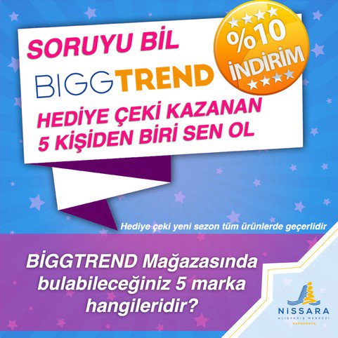 NissaraAVM's tweet photo. Haftanın yarışması ; Biggtrend mağazasında bulabileceğiniz 5 markayı yazarak 1 arkadaşınızı yorumda etiketleyin yeni sezon ürünlerinde geçerli indirim çeki kazanan 5 şanslı kişiden biri siz olun ! 🍀🎁 @bigg.trend #hediye #hediyeçeki #biggtrend #nissaraavm #yarışma https://t.co/vbejuRppGy