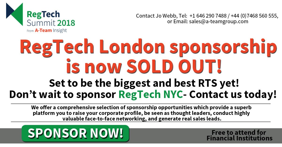 ATeamInsight's tweet photo. RegTech Summit London sponsorship is now SOLD OUT! With RegTech Summit NYC just around the corner- 15 November- now is the time to sponsor before it too is sold out! Don't wait, contact us today! View the agenda here: https://t.co/4ztaKFavku #regtech #regtechevents https://t.co/KnZ8BsmxOx