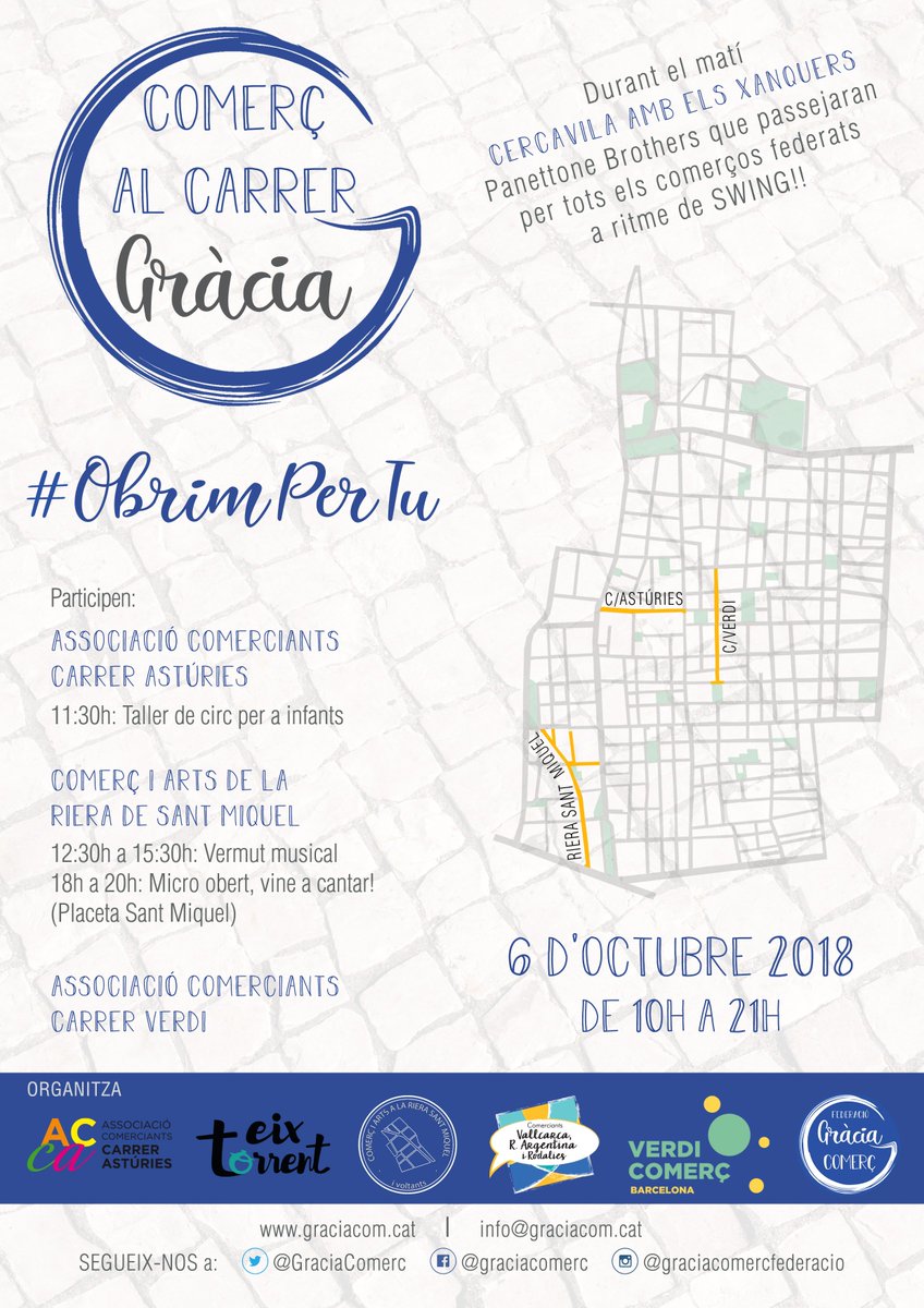 GraciaComerc's tweet photo. Aquest dissabte torna #ComerçalCarrerGràcia! no us perdeu l'ambient de la Placeta Sant Miquel, Verdi i Astúries! Deixeu-vos guiar pel comerç federat a ritme de swing amb els xanquers @panettonebrothe! @GraciaComerc #ObrimPerTu
@eixtorrent @comercvallcarca @Bcn_Gracia @BCN_Comerc https://t.co/WqymcqhKZN