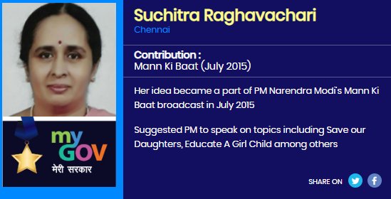 transformIndia's tweet photo. .@DrSRaghavachari’s idea became a part of PM @narendramodi's #MannKiBaat broadcast in July 2015. See more such individuals on Wall of #MyGovChampions. Visit: https://t.co/mY3rkeAKL1 #4YearsofMyGov https://t.co/OU8YlaiSi6