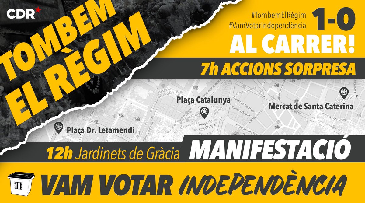 CDR_SantAntoni's tweet photo. ⭕⭕ATENCIÓ!
📣MANIFESTACIÓ dels CDR a BARCELONA!

👉Fa 1 any que #VamVotarIndependència🗳 i seguim defensant la República que construirem entre totes.👥

🕕11:30h📍Jardinets de l'Alguer (Sant Antoni)
🕛12h📍Jardinets de Gràcia

#1OAlCarrer🔴      
#TombemElRègim🔨 https://t.co/HqWTLLBAnv