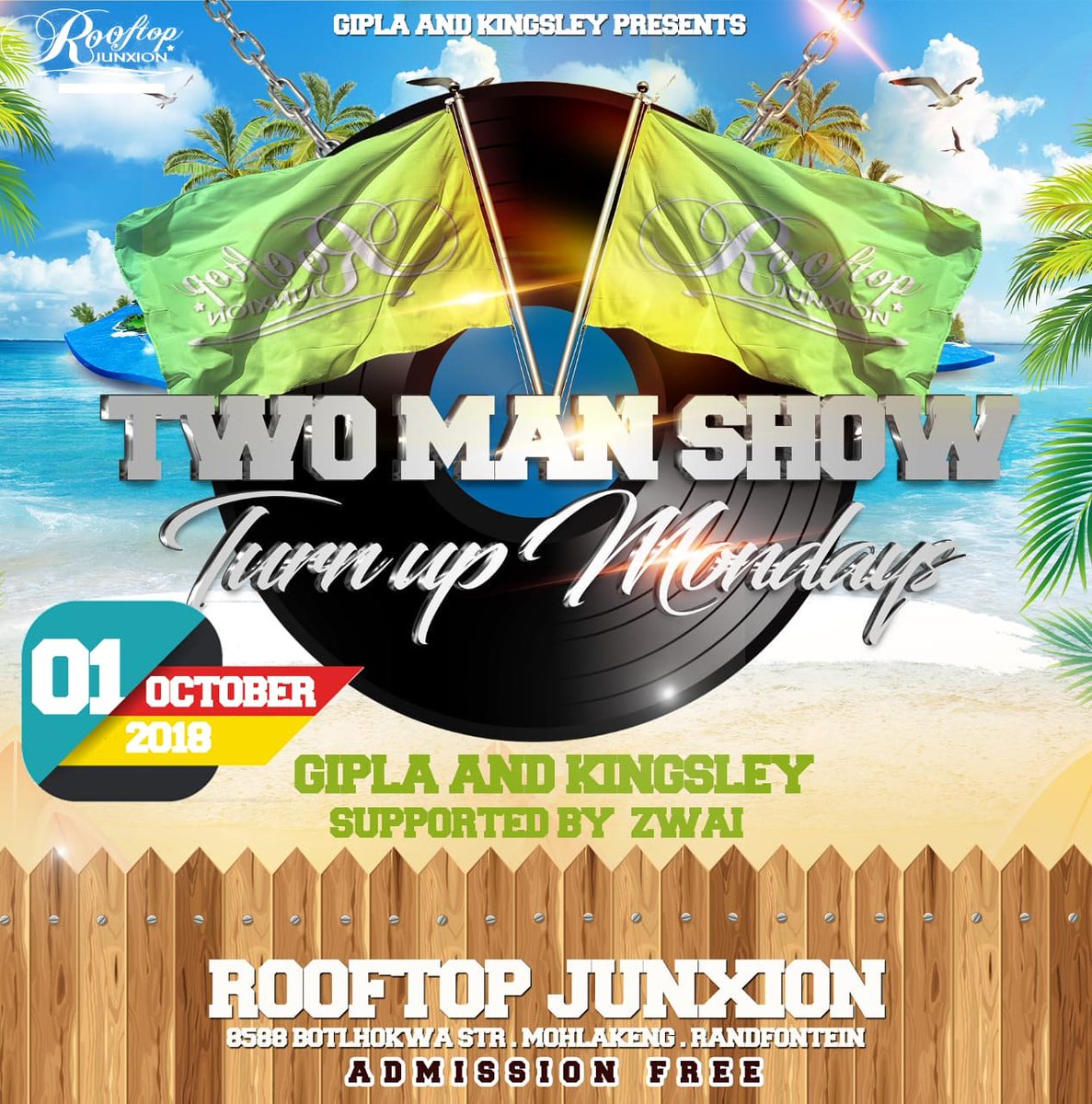 Gipla_Spin's tweet photo. It's time we stop Monday from walking over us...! #2MenShow at Rooftop Junxion (Mohlakeng) today. #TurnUpMondays 💯🙌🏽🕺🏽🔥💥 https://t.co/mxeFR55Arp