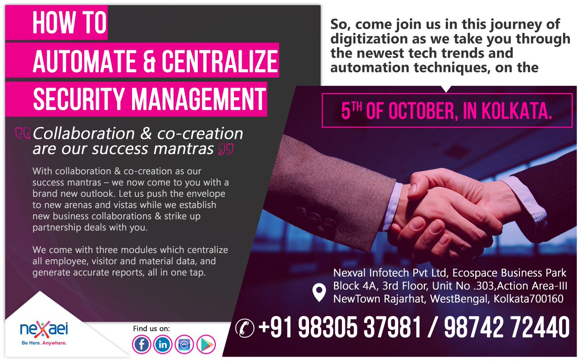 NexAEIOfficial's tweet photo. Leave zilch room for data-mismatch & client disappointments, and provide matchless service & global delivery with the all new-NexAEI.
#SmartAutomation #SecurityManagement #Digitization #DirectMobility #Collaboration #Kolkata https://t.co/vqXoWEpo2t