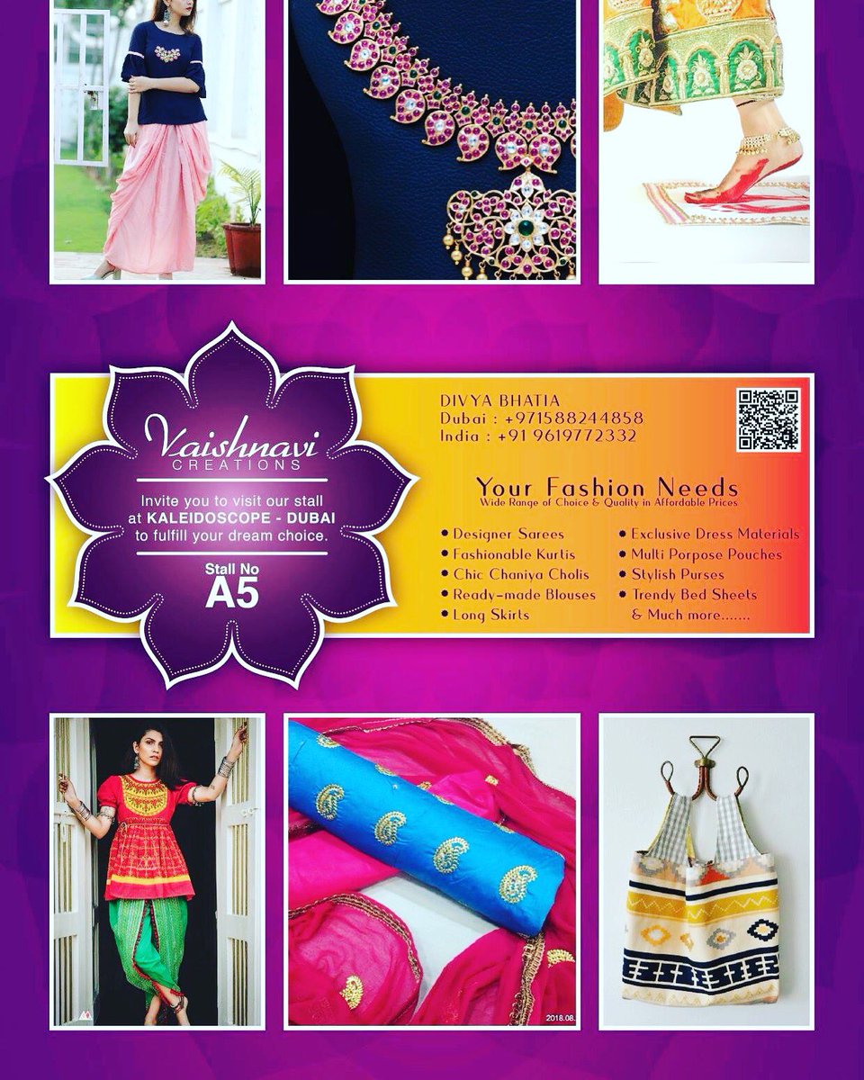 divyaverma2001's tweet photo. Vaishnavi Creation brings to you the much awaited Diwali collection of 2018. Come and visit STALL NO :-A5 only at Kaleidoscope’s Indi Haat
DATE : 12 oct 2018
VENUE : Al Bustan Centre qusais 
TIMINGS : 12 – 9 pm ENTRY FREE &amp; Parking free https://t.co/q6o4FBZ2OK