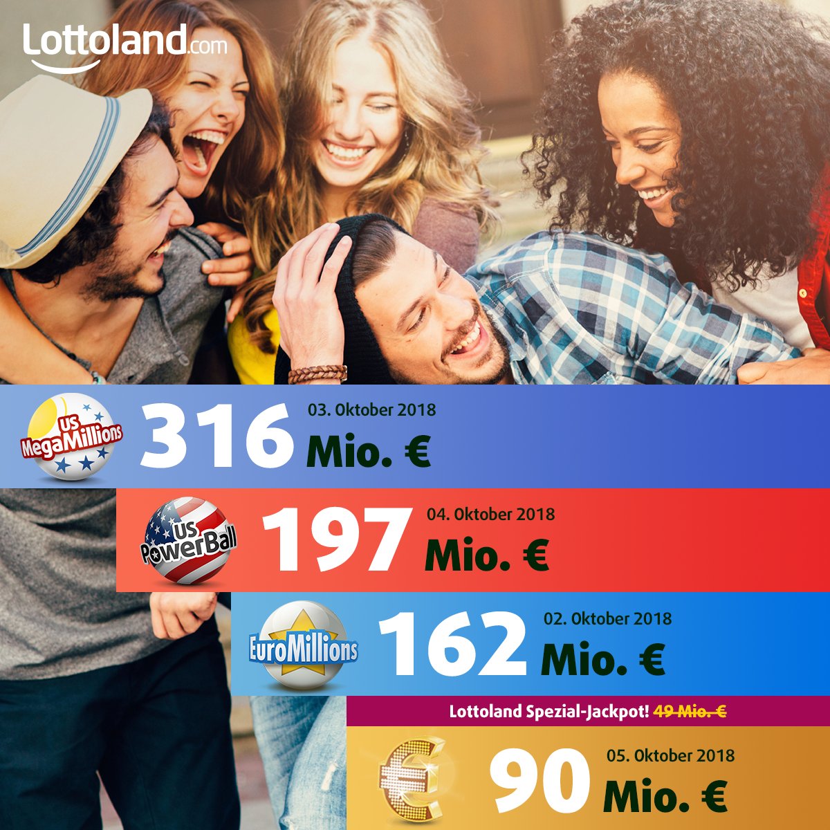 Lottoland's tweet photo. Schon jetzt steht fest: #Oktober wird ein Wahnsinnsmonat! 😍 #MondayMotivation #Montagslaecheln 🙃
Die US-Jackpots erreichen schwindelerregende 🚀 Höhen, der #EuroMillions #SuperPot steigt weiter auf 162 Mio. € 💰 & wir haben einen #EuroJackpot #SpezialJackpot im Lottoland! 🤑 https://t.co/5nLgo5Drne