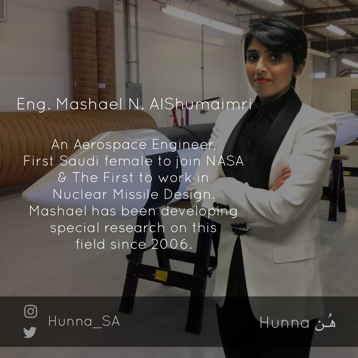 Hunna_SA's tweet photo. Aerospace Engineer Mashael AlShumaimri 
@MAshemimry 

#Hunna #SaudiArabia #WomenEmpowerment #SaudiWomen https://t.co/ce95v21ken