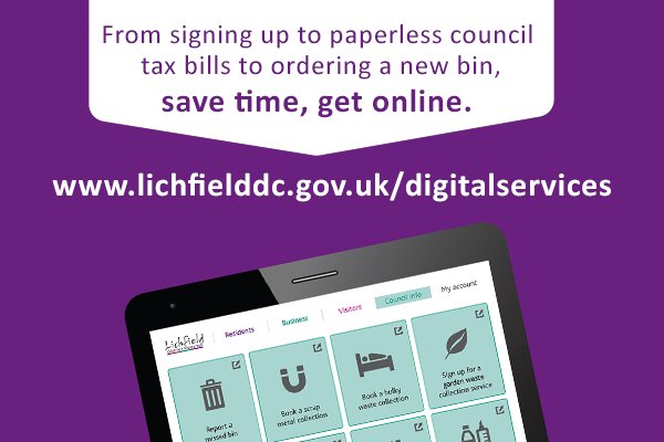 Lichfield_DC's tweet photo. We've launched our 'Save time, get online' campaign to encourage locals to interact with us online. From ordering a free blue bin through to applying for a single person discount on your council tax, access your council services online. https://t.co/OGUCbcBbLQ https://t.co/2Gdf7XdbDd