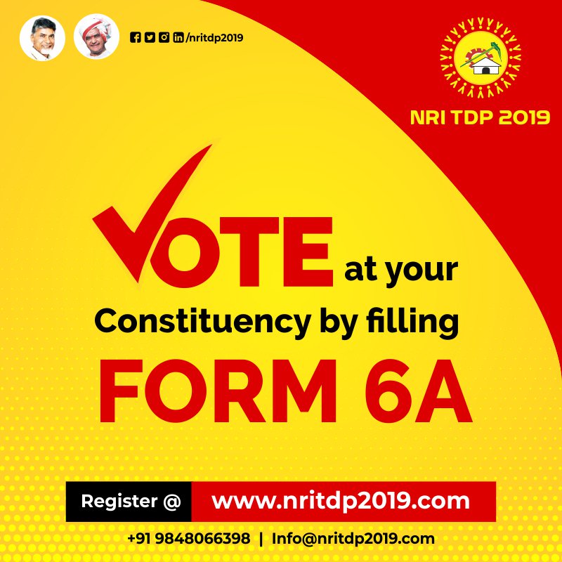 2019Nri's tweet photo. If you are a Non Resident Telugu living in abroad then Register at https://t.co/EXT3h92zJf and Fill the Form 6A application to poll your valuable vote through proxy.
#NRITDP2019 #NRITDP #NRI #VoteThroughProxy #NonResidentTelugu #TeluguNRI #Form6A #TeluguDesam #AndhraPradesh https://t.co/tmmehN27DK