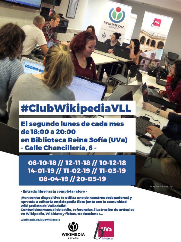 Me incorporo con ilusión al Club Wikipedia de Valladolid, que se reúne en la <a href="/BURSofia/">BUVa Reina Sofía</a> de <a href="/UVa_es/">Gabinete de Comunicación Universidad de Valladolid</a>, continuando la iniciativa de <a href="/wikimedia_es/">Wikimedia España</a> desde el curso pasado. Editaremos, aprenderemos, compartiremos ideas y nos divertiremos. ¡Os esperamos el lunes 8, 18 h! #ClubWikipediaVLL