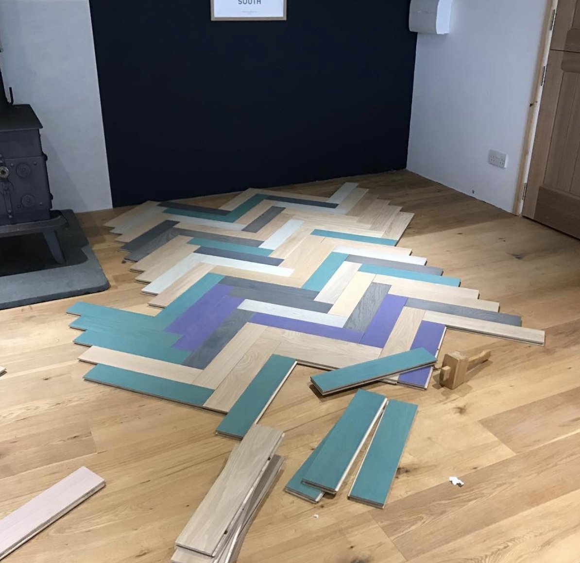 StudioMor's tweet photo. Messing about with some coloured parquet samples to create a floor design for a project @Reeve_Wood https://t.co/JNgvrtJnsj