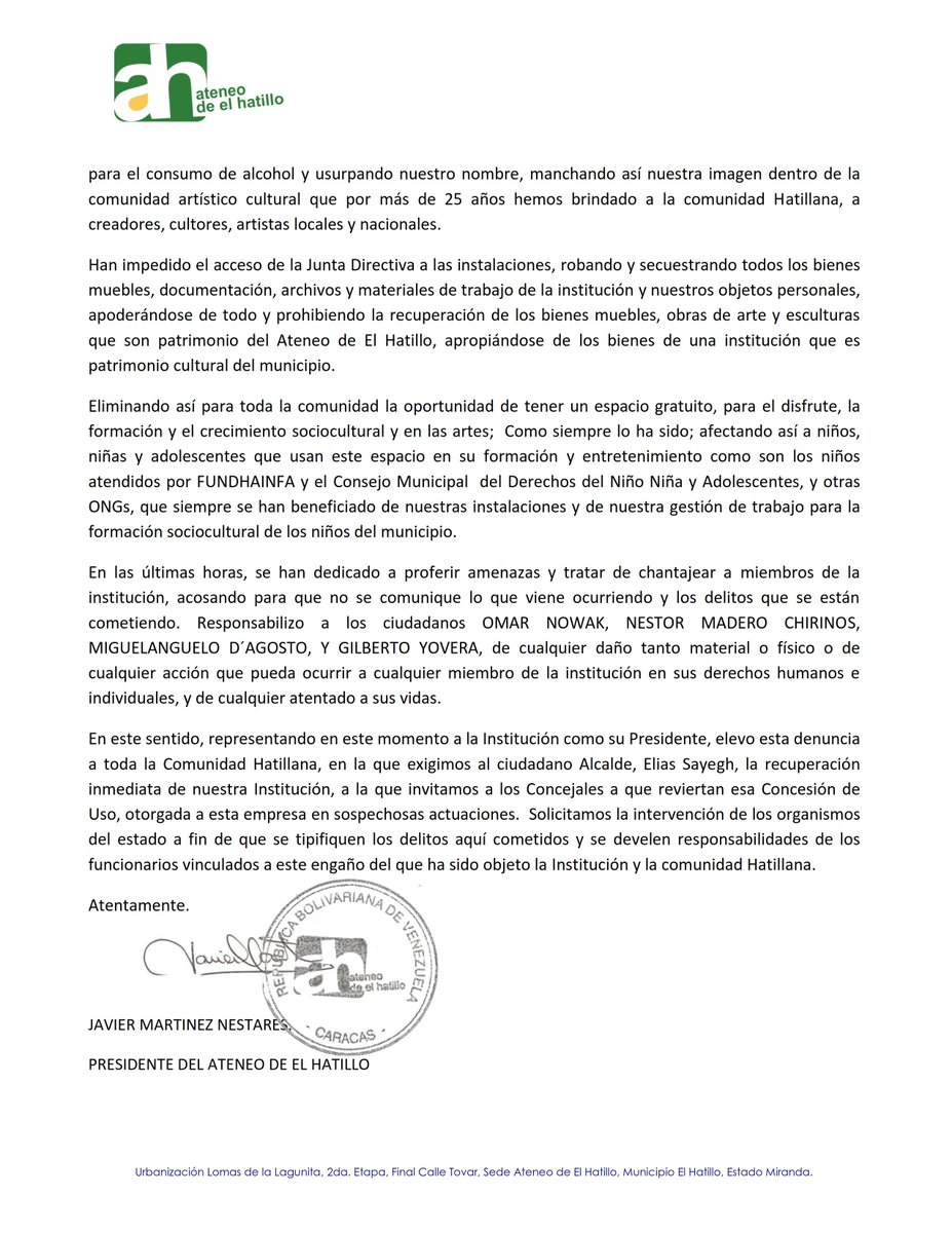 COMUNICADO OFICIAL URGENTE DE EL ATENEO DE EL HATILLO.
Acontecimientos de última hora.