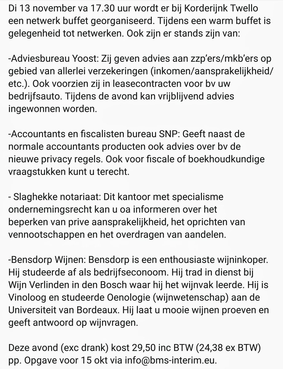 Korderijnk's tweet photo. Netwerken in de @gemeente_Voorst, het groene hart van de regio Stedendriehoek. Een mooi event ism #Yoost #Slaghekke notariaat, @SNPadviseurs en #Bensdorp wijnen. U komt toch ook? #Netwerken in #Twello regio #Apeldoorn #Deventer #Zutphen https://t.co/Bcx5gV5YhK