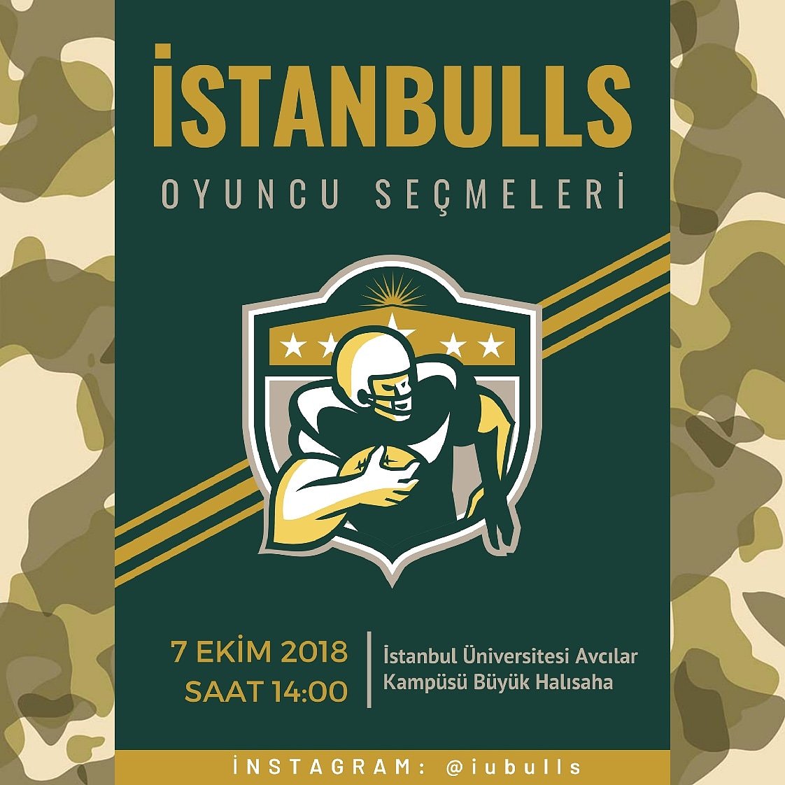 iubulls's tweet photo. Seçmeler 07.10.2018 Pazar günü Saat: 14.00'da Avcılar Büyük Saha'da yapılacaktır. Sosyal medya hesaplarımıza isim-soyisim, yaş, boy, kilo ve okuduğunuz bölüm bilgilerini içeren bir mesaj bırakarak kayıt yaptırabilirsiniz. Yanınızda spor kıyafeti ve krampon getirmeniz yeterlidir. https://t.co/ZlgmeDxRt0