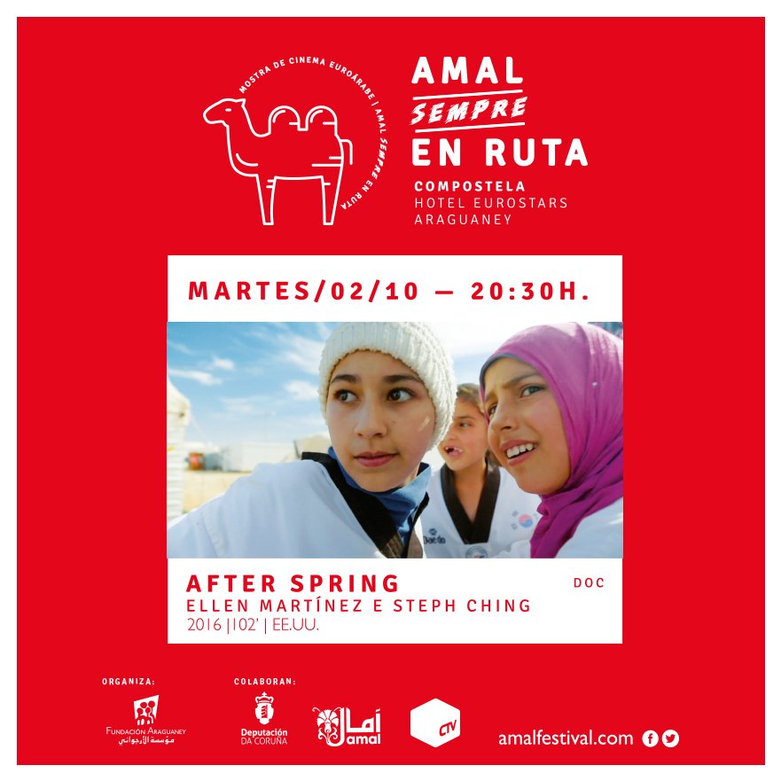 AmalFestival's tweet photo. #Amalsempreenruta. Mañana martes 2 de octubre continuamos con el ciclo de cine euroárabe "AMAL SEMPRE EN RUTA". Estáis invitados a ver en el @AraguaneyHotel de Santiago el documental #AfterSpring, a las 20.30 horas https://t.co/L6nFrrKXuz