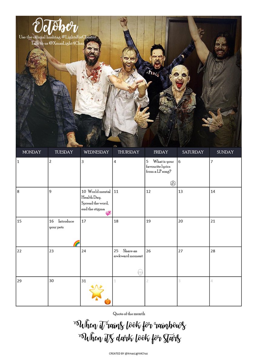 Lights4Chester's tweet photo. π OCTOBER CALENDAR π¦
New month means new missions!
Download your FREE pdf here https://t.co/EmNmDRUyRu
OR
Save the jpg below π
Are you ready?π»
#LightsForChester #LPFamily #MakeChesterProud #FuckDepression #ChangeMentalHealth #ChesterForever #WithYouLP #320ChangesDirection https://t.co/PN4fRpYo5h