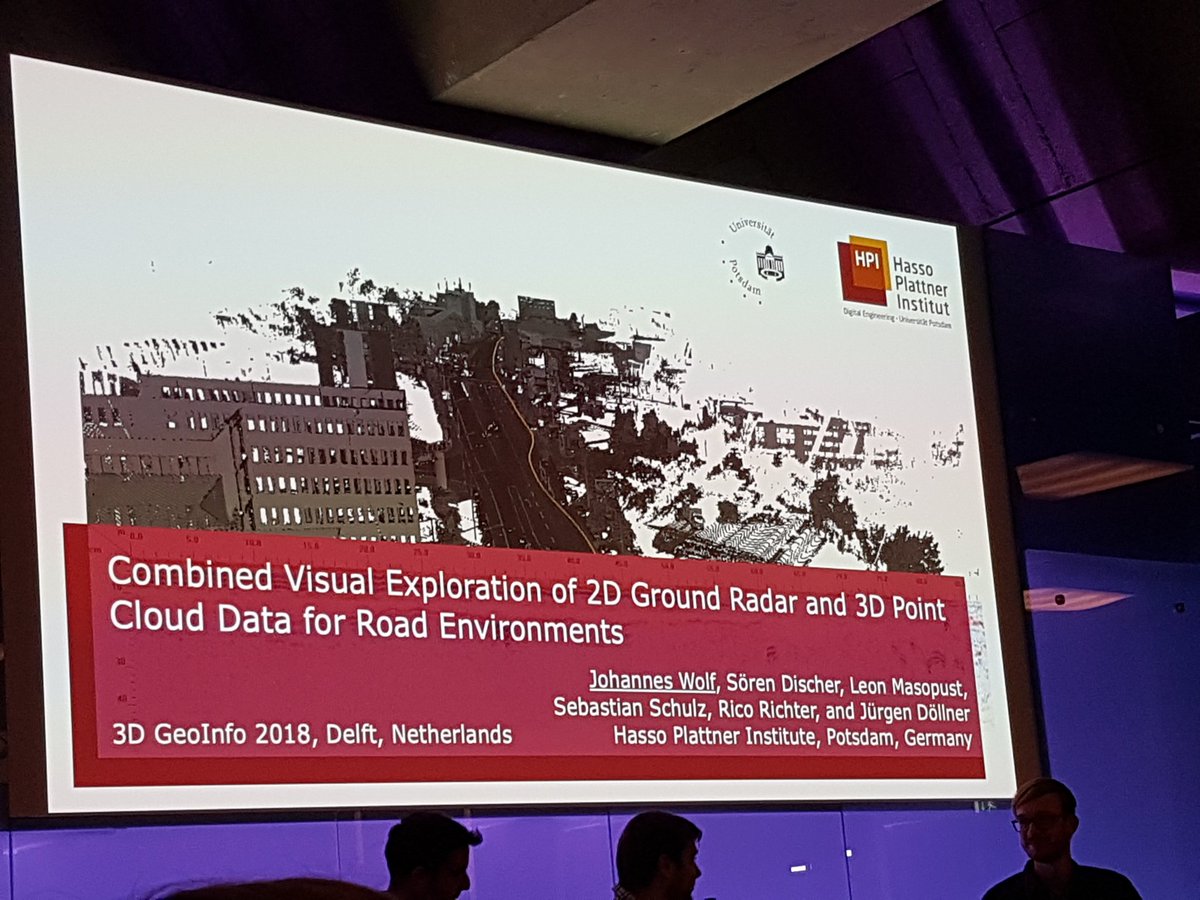 SpatialHannes's tweet photo. Using ground penetrating radar and #3D point clouds to detect anomalies underground - interesting talk by Johannes Wolf from @HPI_DE at #3DGeoInfo. #GeoDelft #smartcities https://t.co/FIkcMLfK0I
