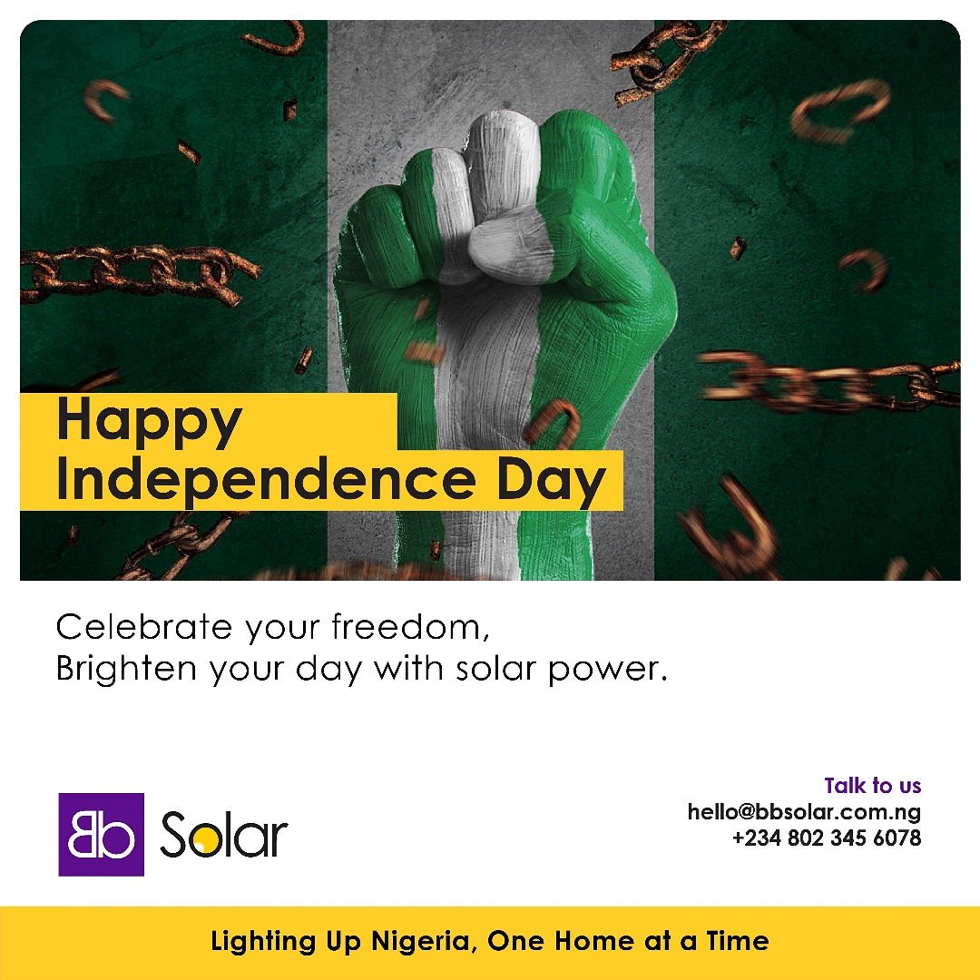 BlackbitSolar's tweet photo. Nigeria we hail thee 🇳🇬🇳🇬🇳🇬!
Happy Independence Day Celebration.
We are the light of our world.
Together let's power up our nation one home at a time.
#happyindependenceday #Nigeria@58 #Celebration #blackbitsolar #RenewableEnergy #SolarEnergy #Abuja https://t.co/Ex4y4i13Yc